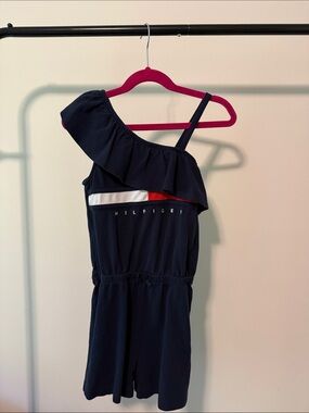 Tommy Hilfiger Navy One-Shoulder Ruffle Romper with Red & White Stripe